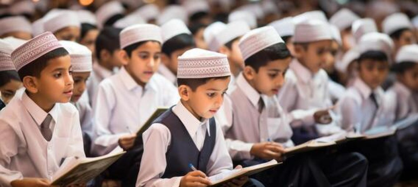 closeup-of-muslim-children-in-elegant-attire-reciting-the-quran-showcasing-their-devotion-and-cultural-heritage-generated-image-photo